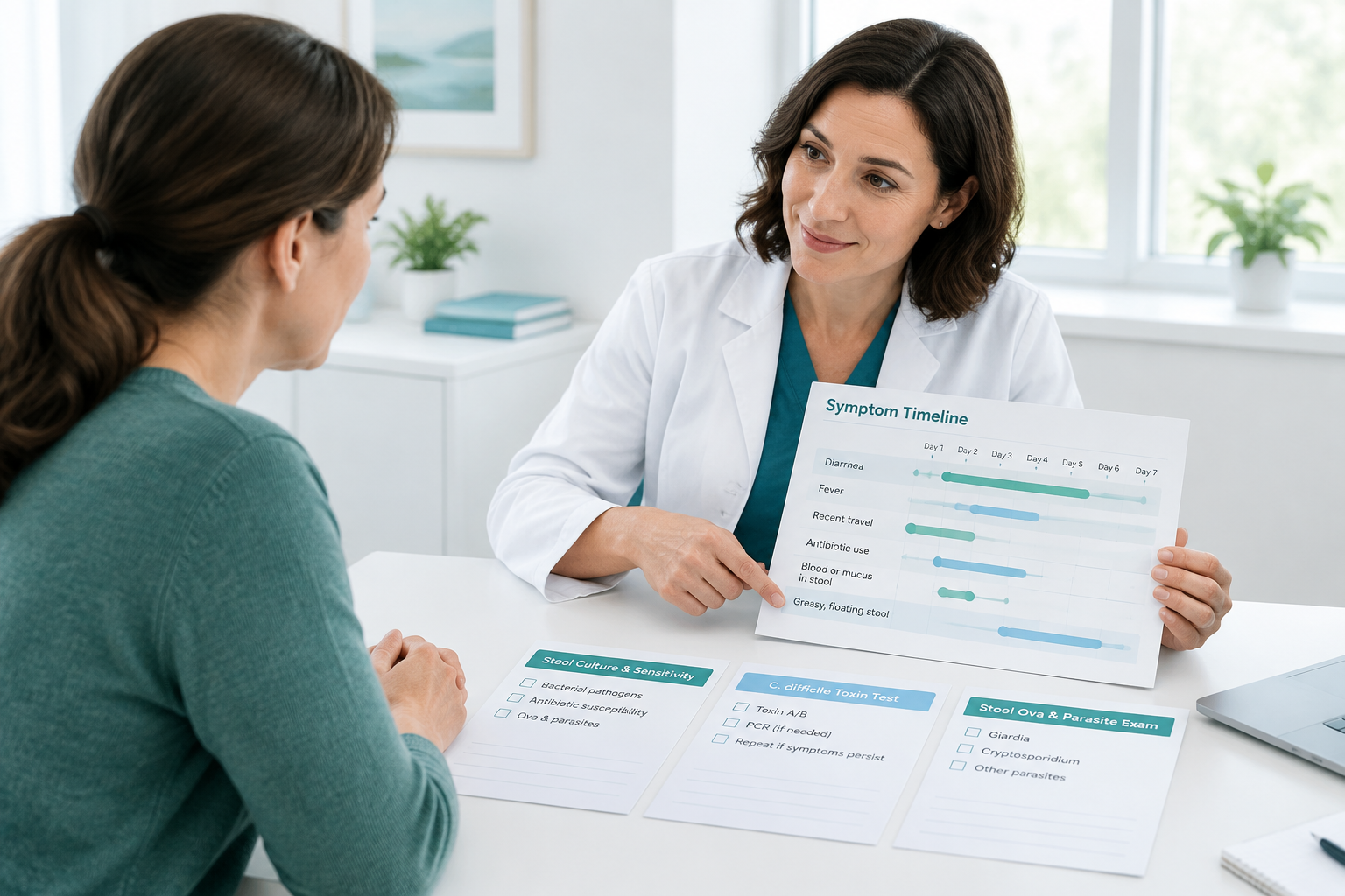 Clinician matching digestive symptoms and exposures to targeted stool tests