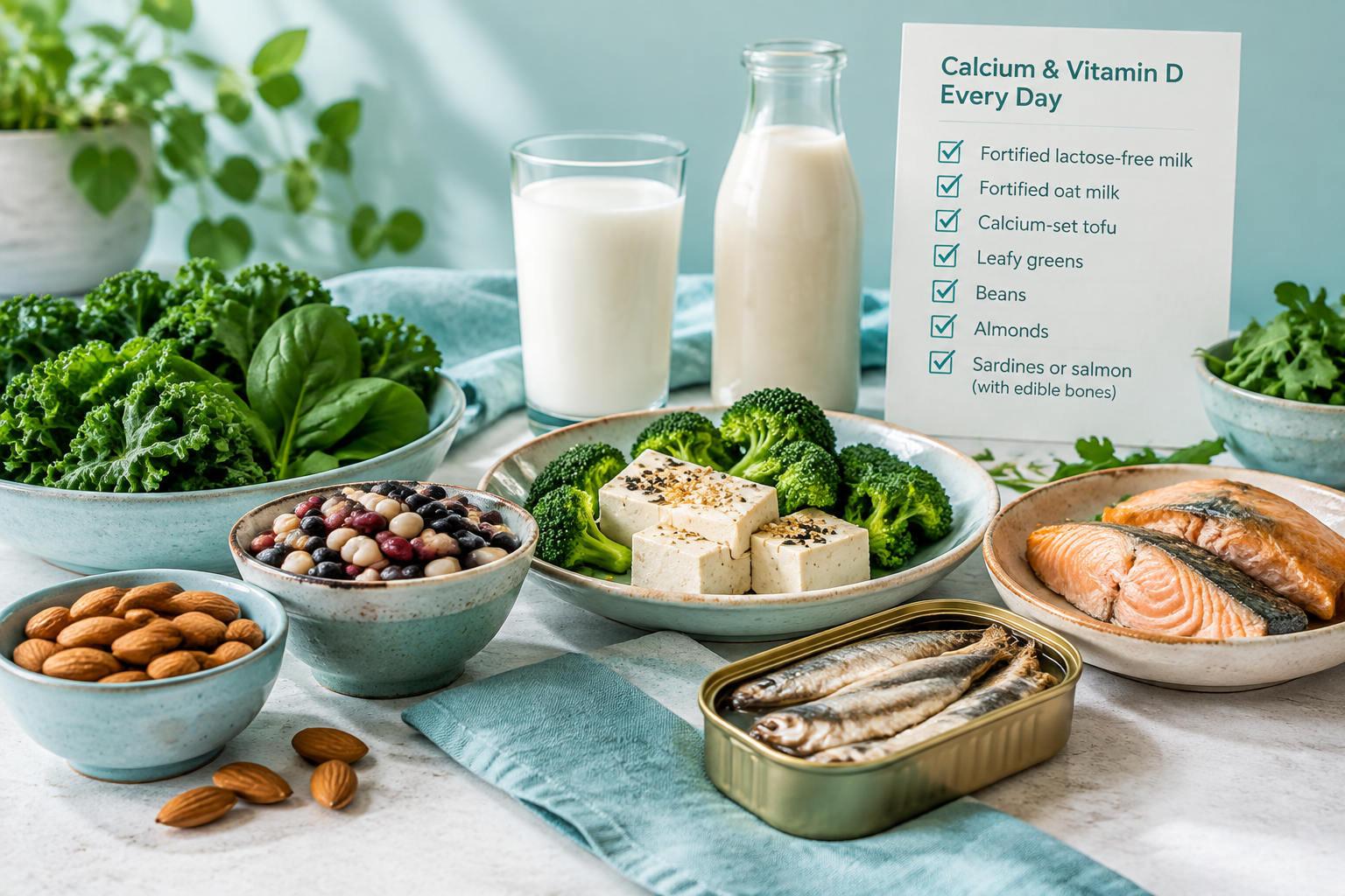 Calcium and vitamin D sources for a low-lactose diet, including tofu, greens, and fortified drinks