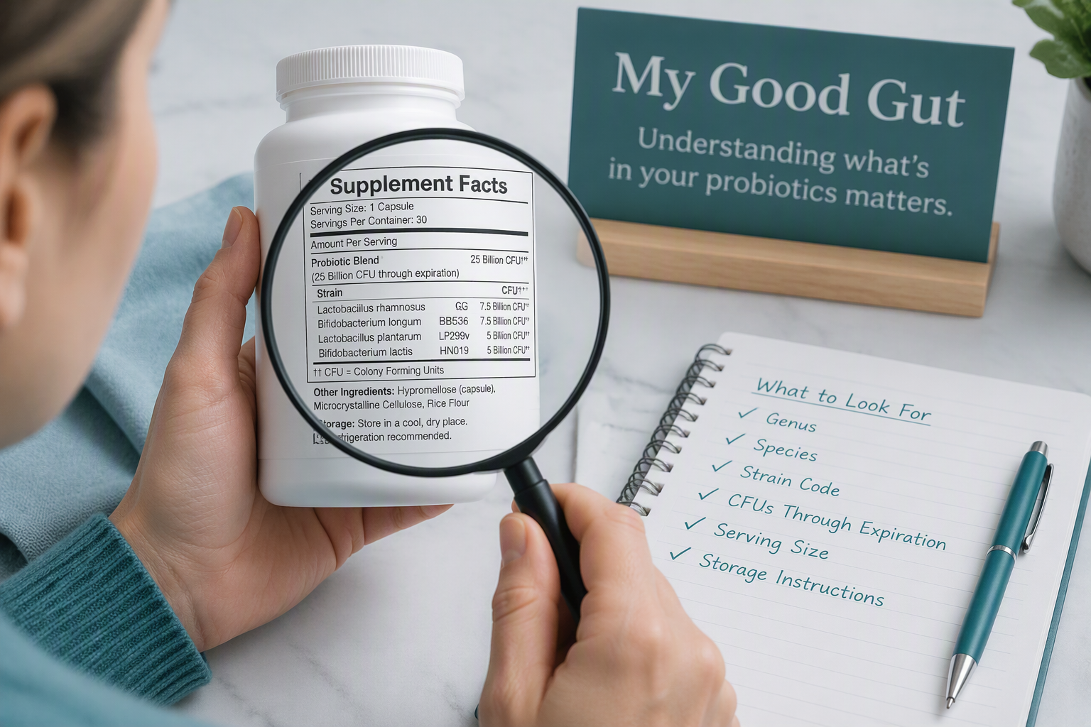 Adult reading a probiotic label for strain code, CFUs, dose, and storage details