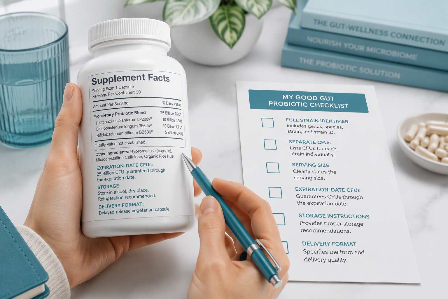 Reading a probiotic label for strain code, CFUs, serving size, and storage