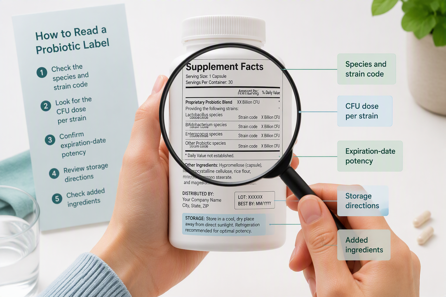 Reading a spore probiotic label for strain code, CFU dose, and expiration potency