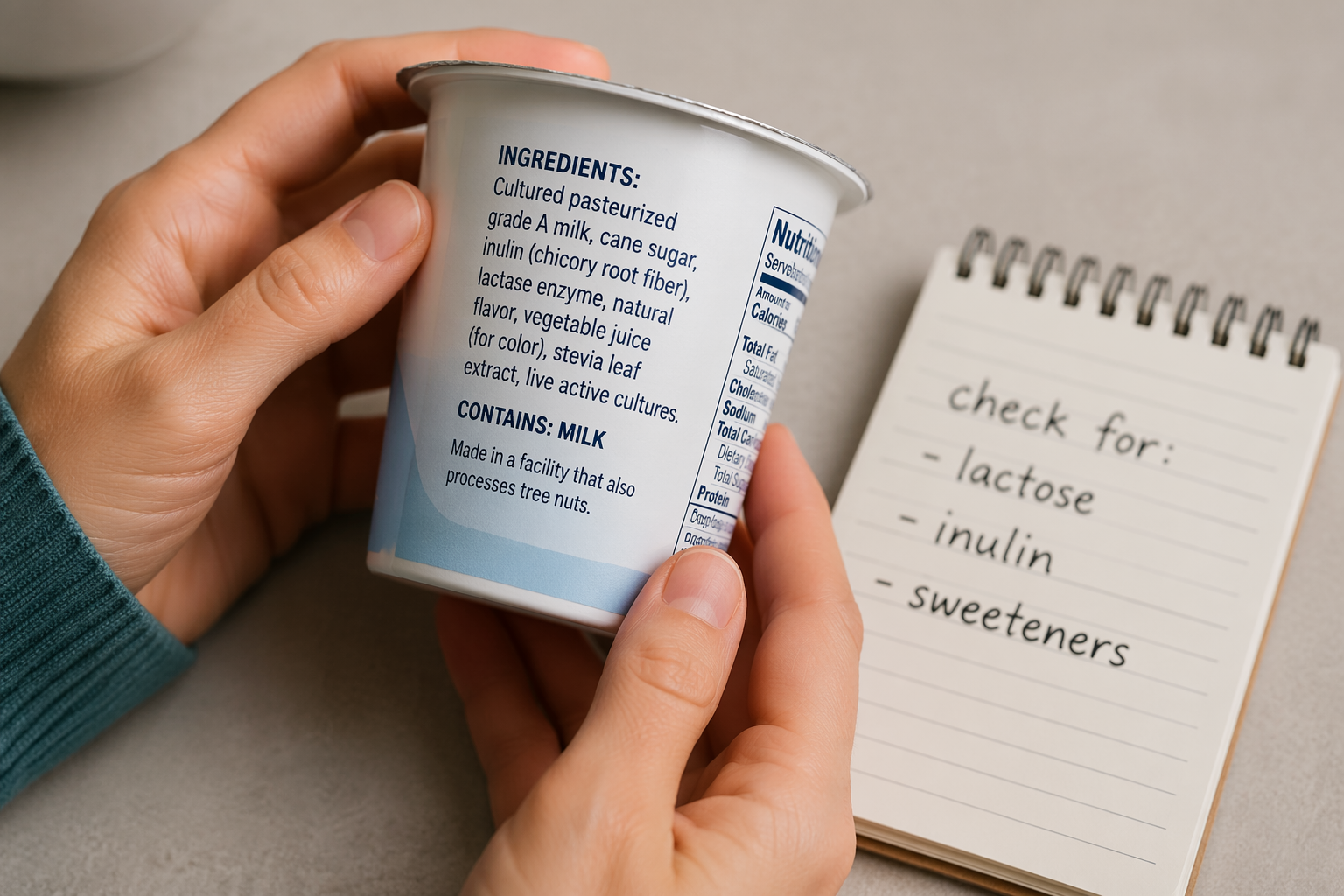 Hands reading a yogurt ingredient label with notes about lactose and additives