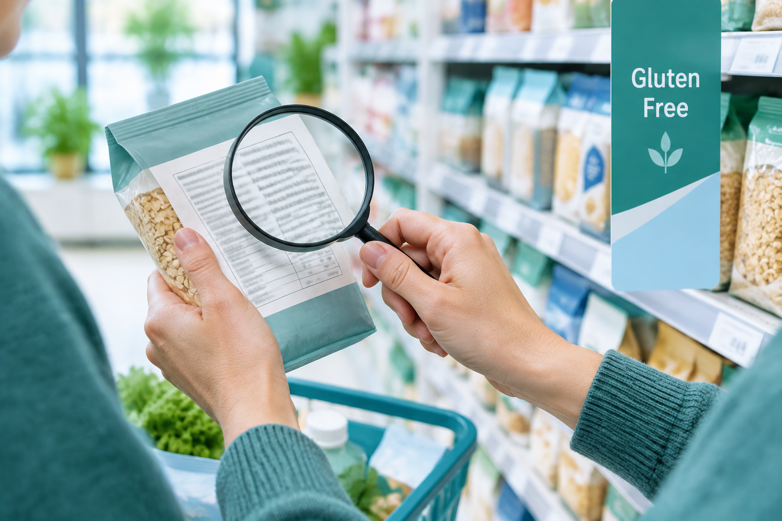 Shopper checks a packaged food label for hidden gluten on a celiac gluten-free diet