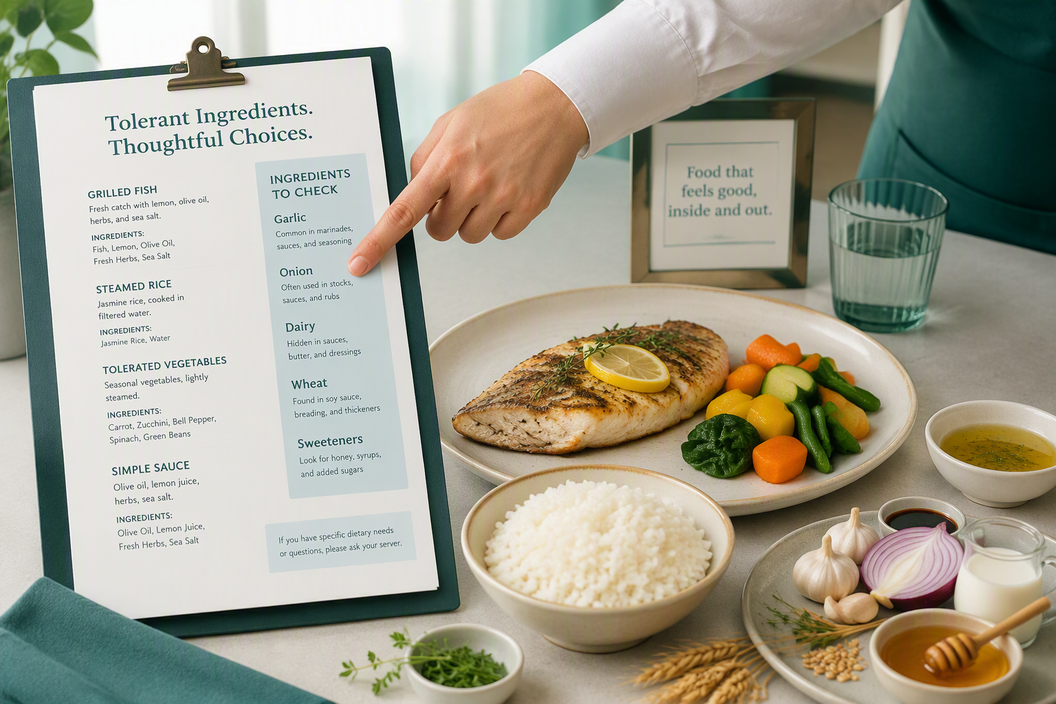 Reading a restaurant menu for hidden FODMAP ingredients in sauces, stocks, and dressings