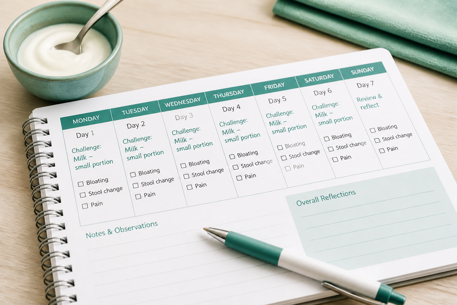 Calendar and symptom log for reintroducing foods during IBS challenge