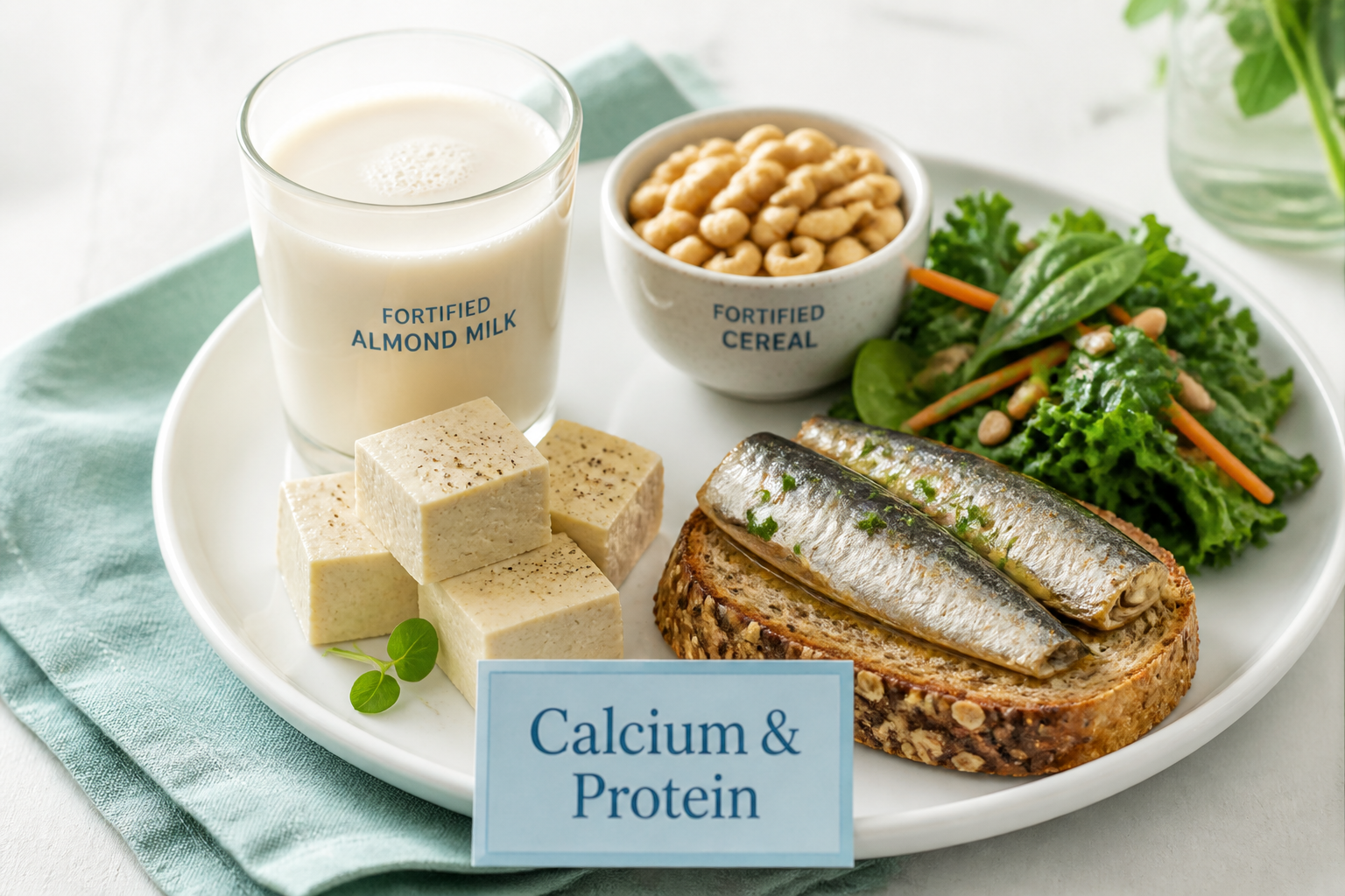 Plate of dairy-free calcium and protein sources for replacing dairy