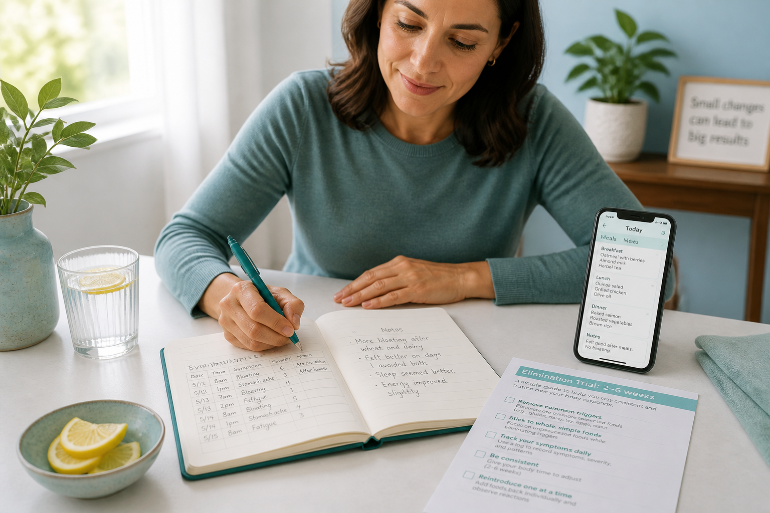 Adult tracking meals and symptoms in a notebook during an elimination trial for IBS