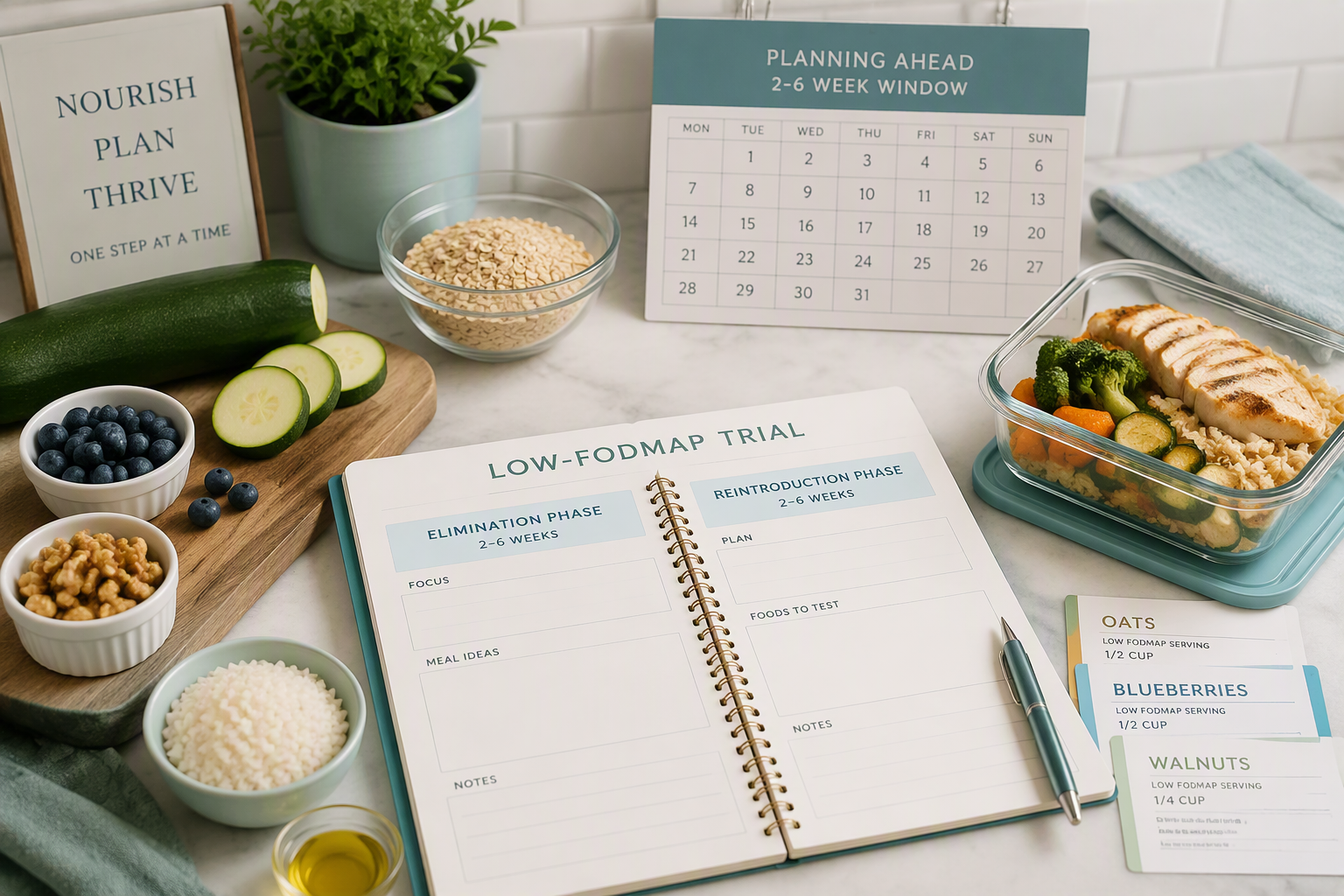 Low-FODMAP trial planning with meal preparation, food labels, and reintroduction steps