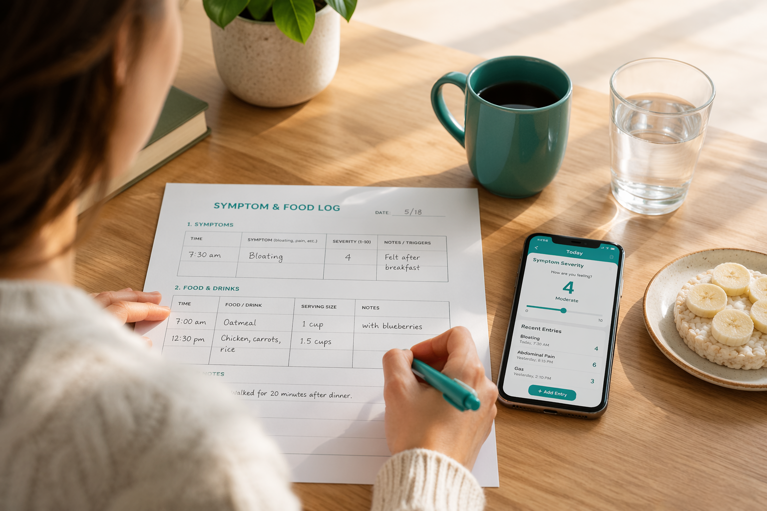 Person filling food and symptom log for IBS and acne tracking at kitchen table