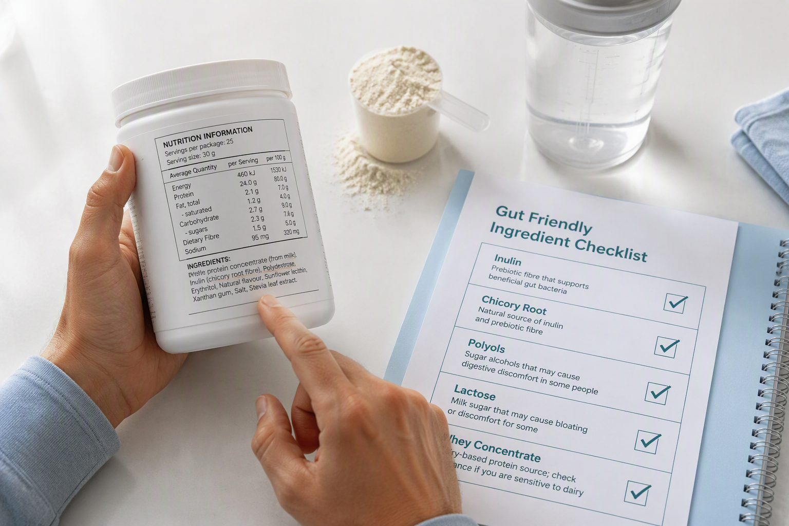 Checking protein powder ingredients for inulin, polyols, lactose, and IBS triggers