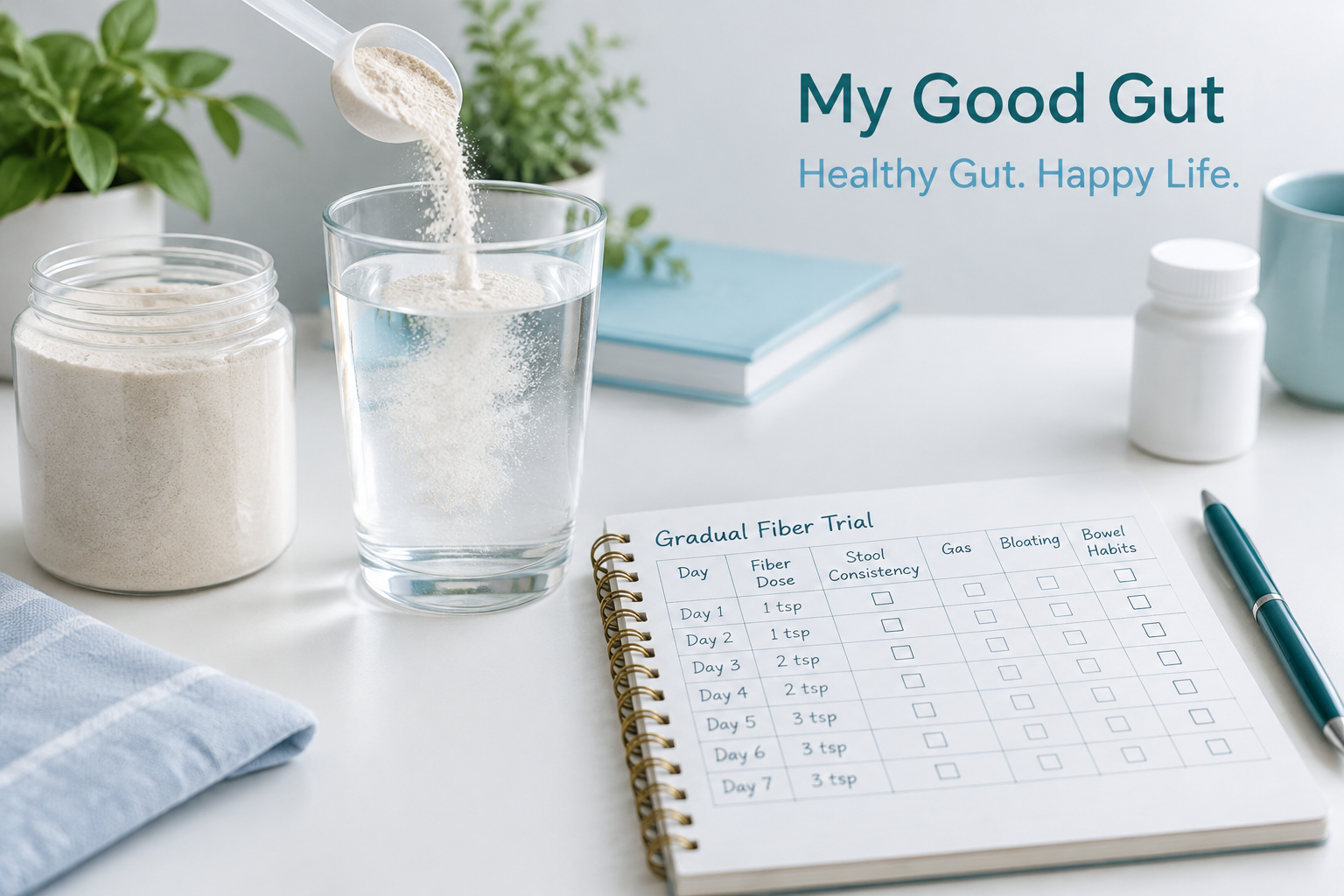 Safe fiber supplement trial with water, gradual dosing, and symptom tracking