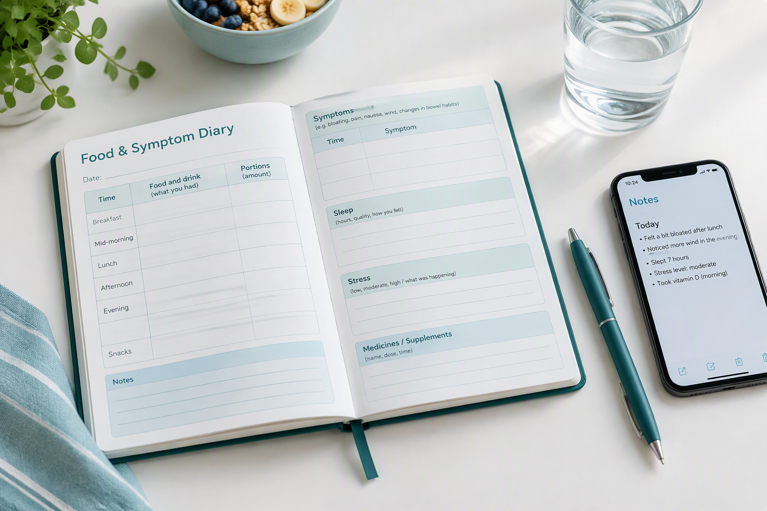 A5 food symptom diary with meal, symptom, sleep, and medicine tracking fields