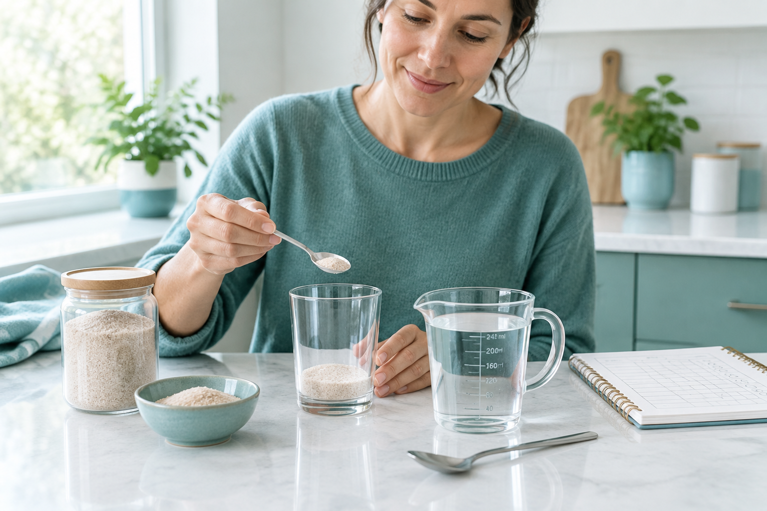 Starting psyllium husk slowly with a teaspoon, water, and symptom tracking
