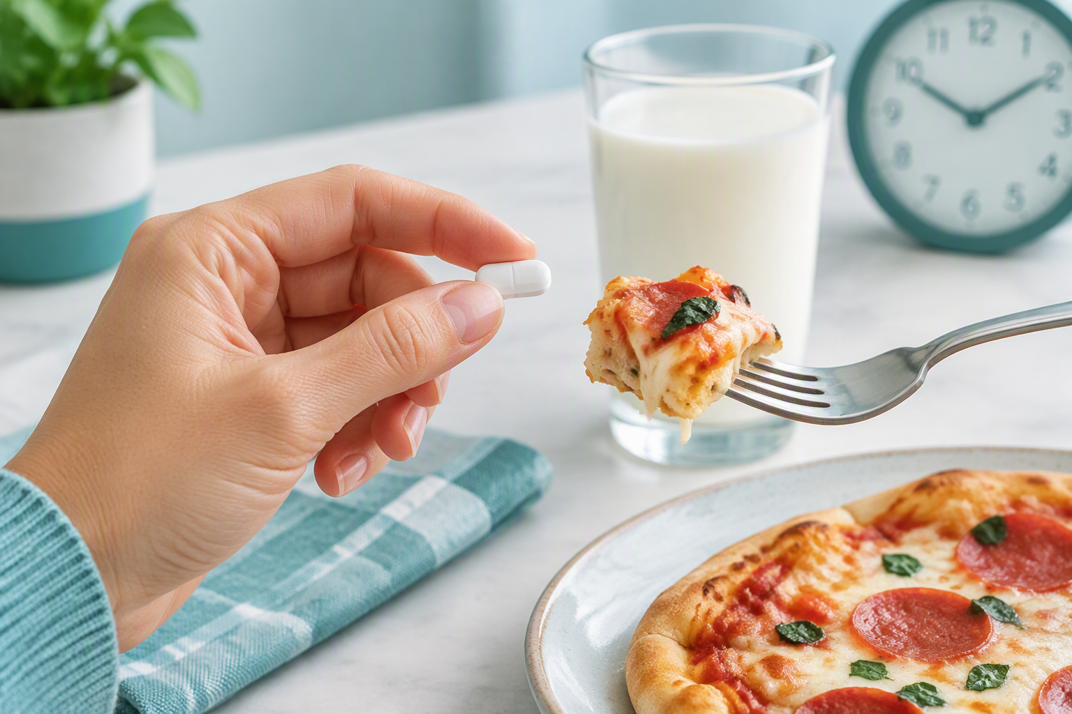 Taking lactase with the first bite of a dairy meal for lactose intolerance