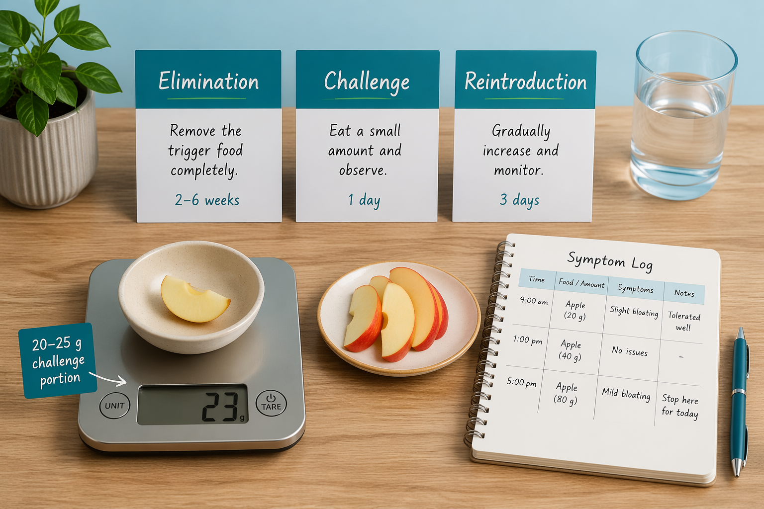 Three-phase apple tolerance test flatlay with cards, scale, peeled apple and symptom log