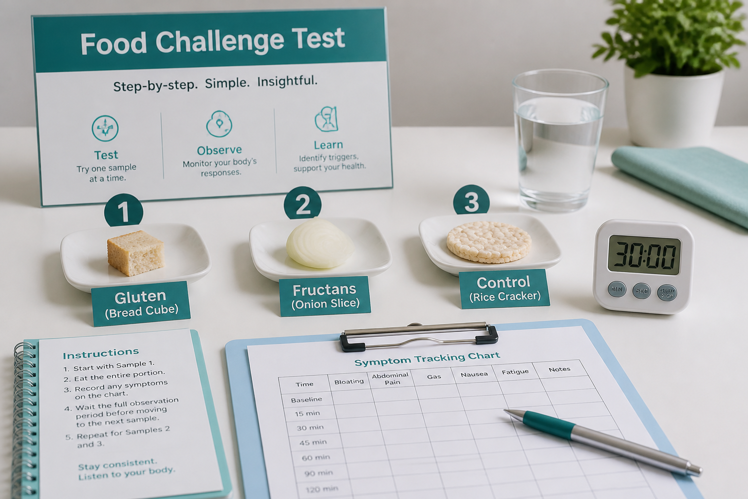 Three numbered plates for gluten, fructans, and control with symptom chart for testing