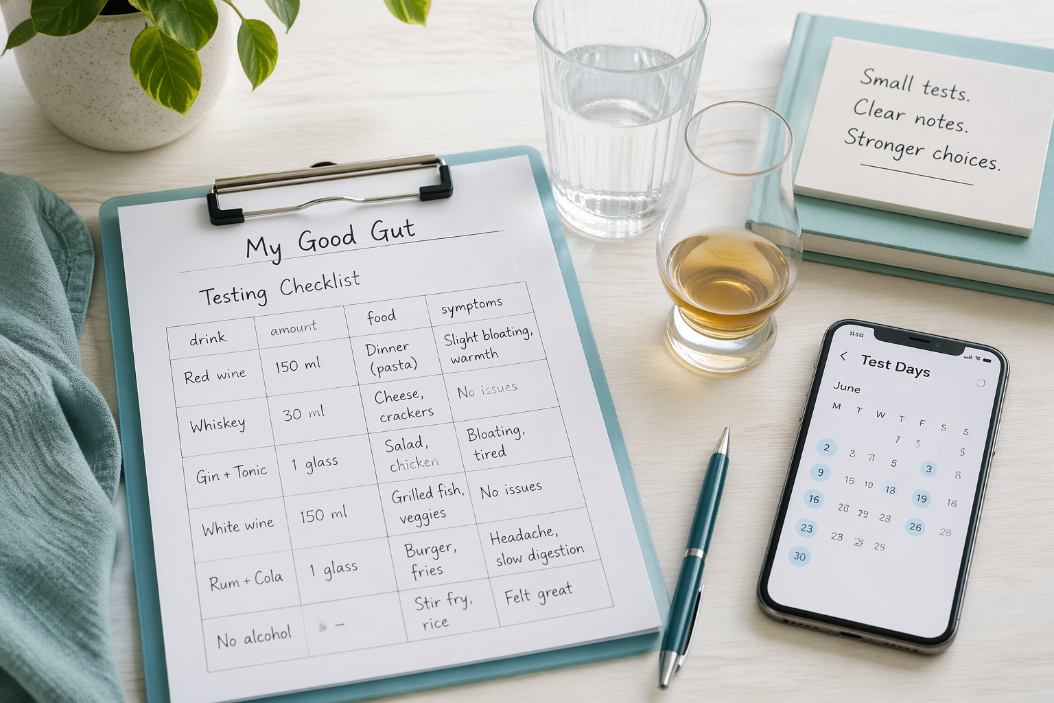 Clipboard with alcohol tolerance test checklist and controlled pour for IBS tracking