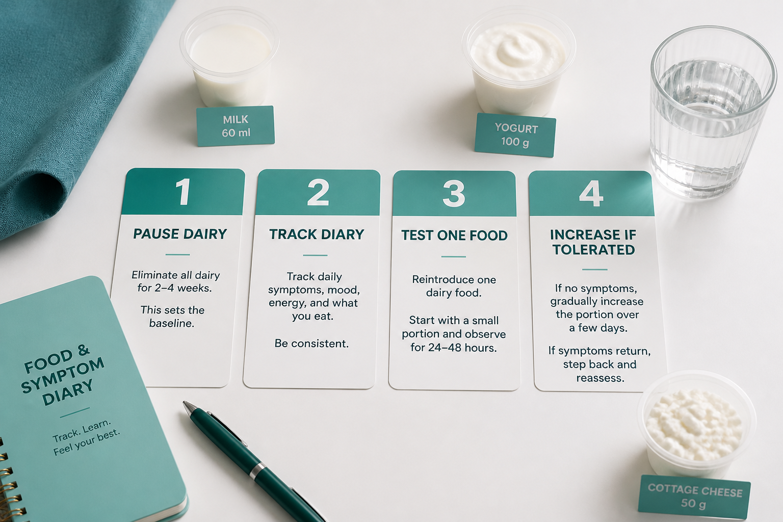 Flatlay of a stepwise dairy tolerance test with numbered cards and food diary