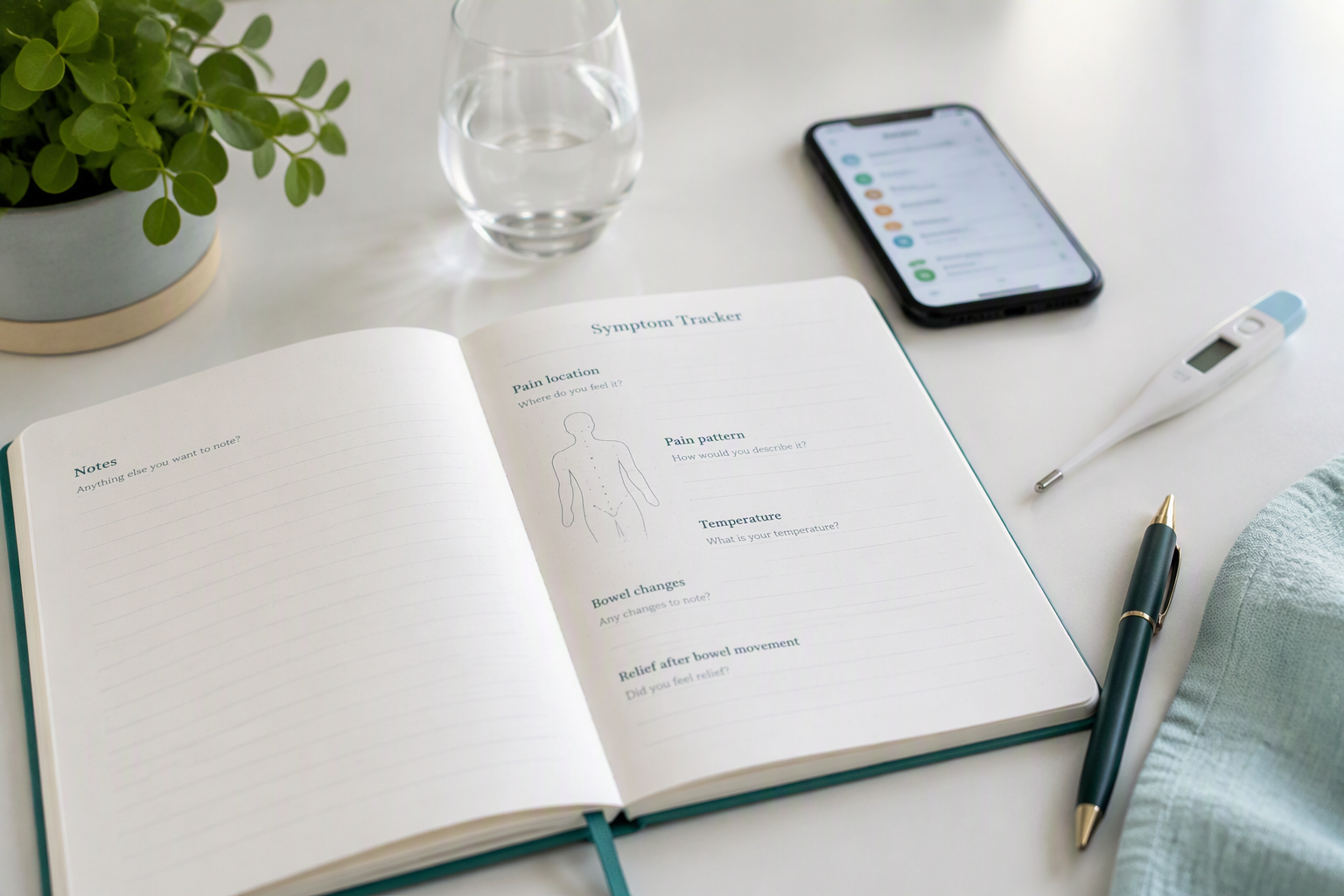 IBS symptom tracker recording pain location, temperature, bowel changes, and patterns