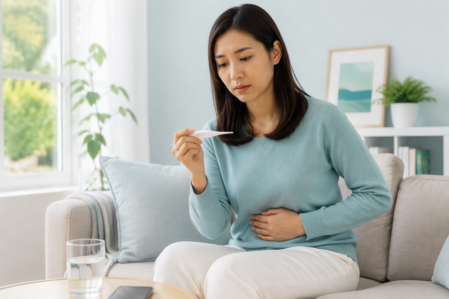 Adult checking fever while assessing diverticulitis red flags and persistent abdominal pain