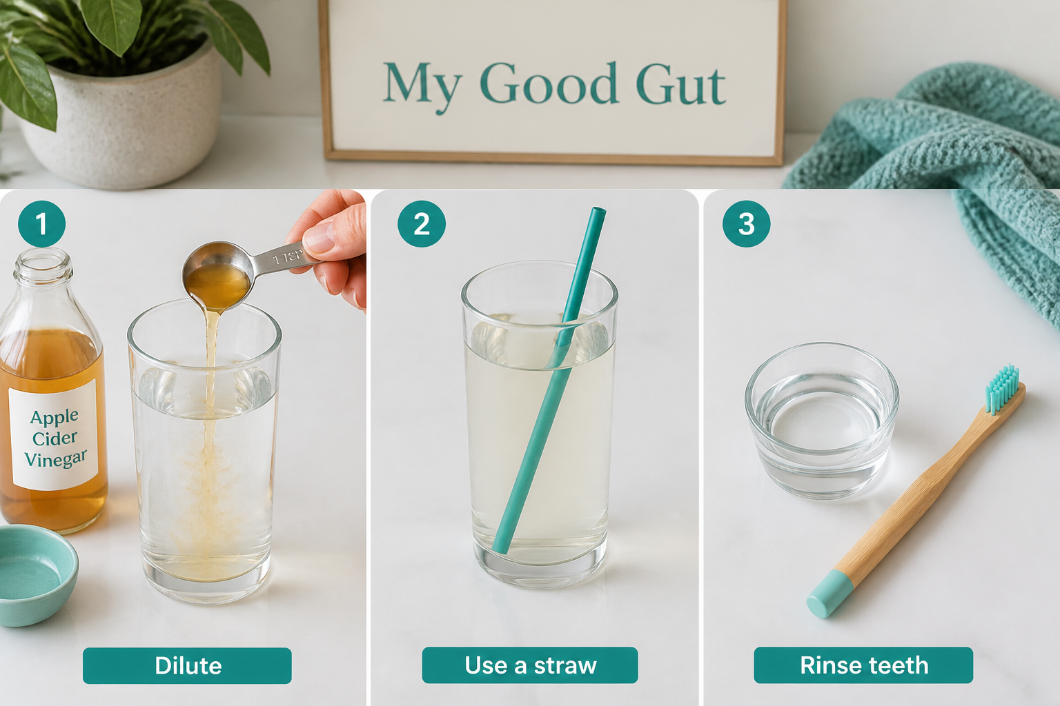 Step-by-step safe ACV trial: dilute in water, use straw, rinse teeth