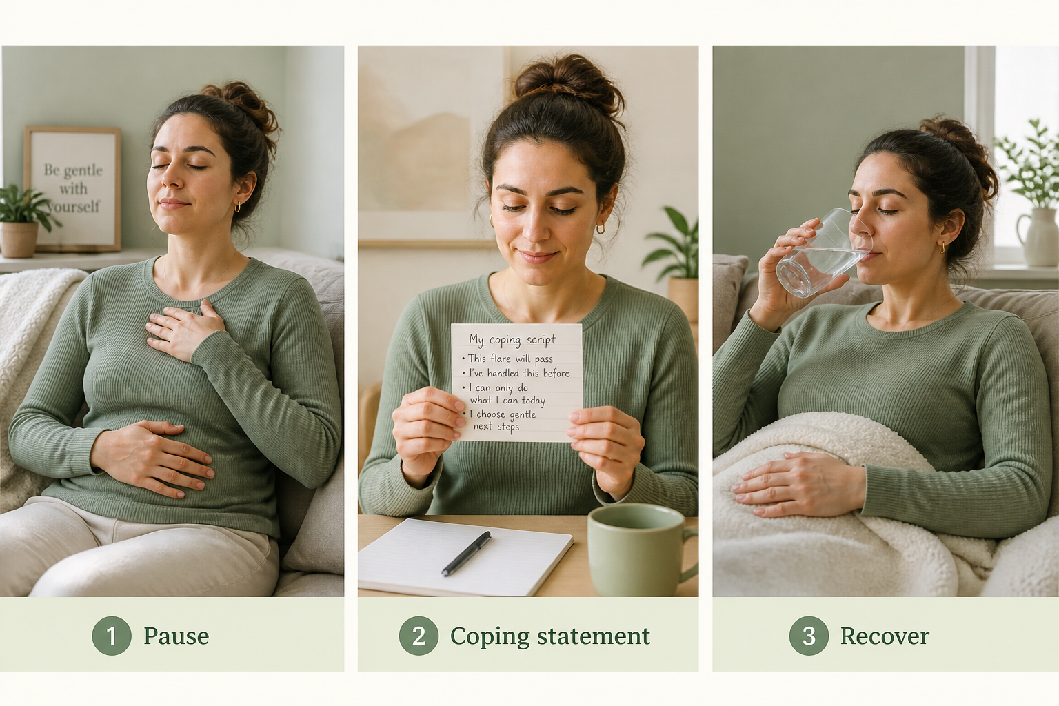 Three-step flare plan: breathe, use CBT coping statement, drink water and rest