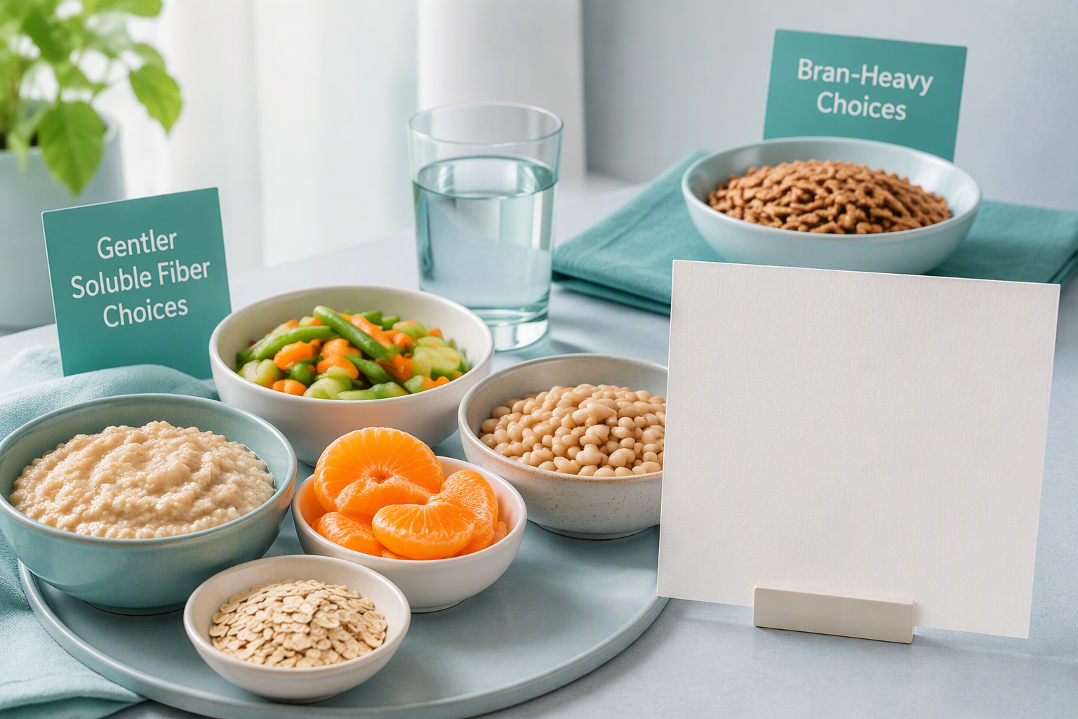 IBS fiber chart with soluble fiber foods, oats, beans, vegetables, and water