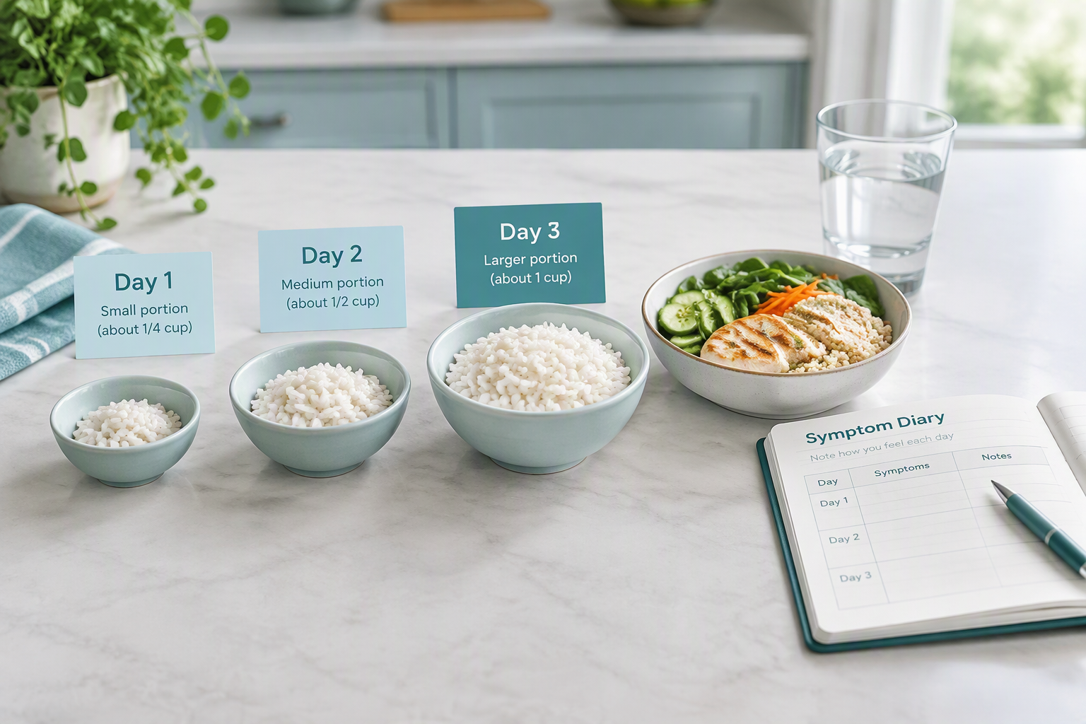 Three-day FODMAP challenge with increasing portions and symptom diary