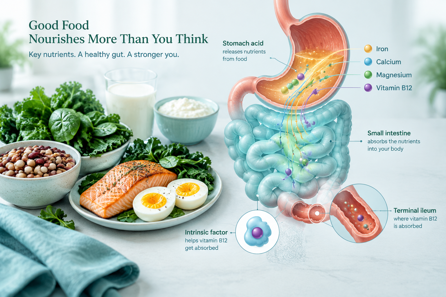 Stomach acid helping release iron, calcium, magnesium, and vitamin B12 from food