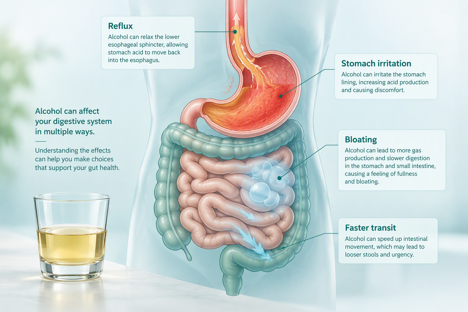 Illustration of alcohol affecting the stomach, intestines, reflux, bloating, and bowel habits