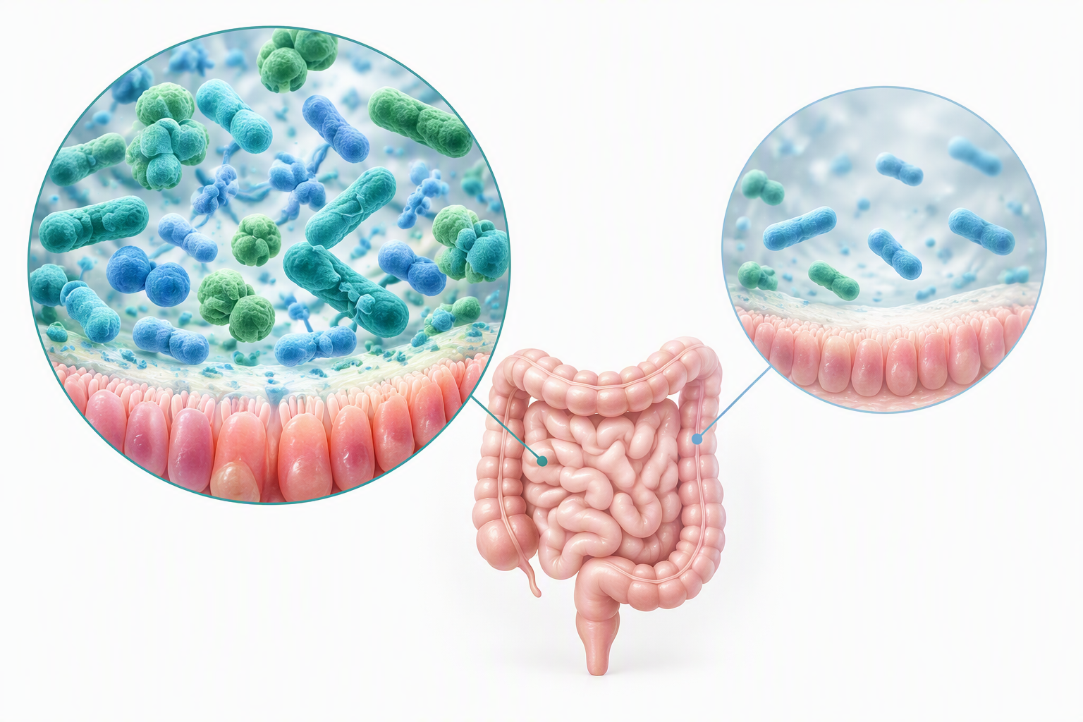 Gut microbiome illustration showing alcohol-related bacterial changes and dysbiosis
