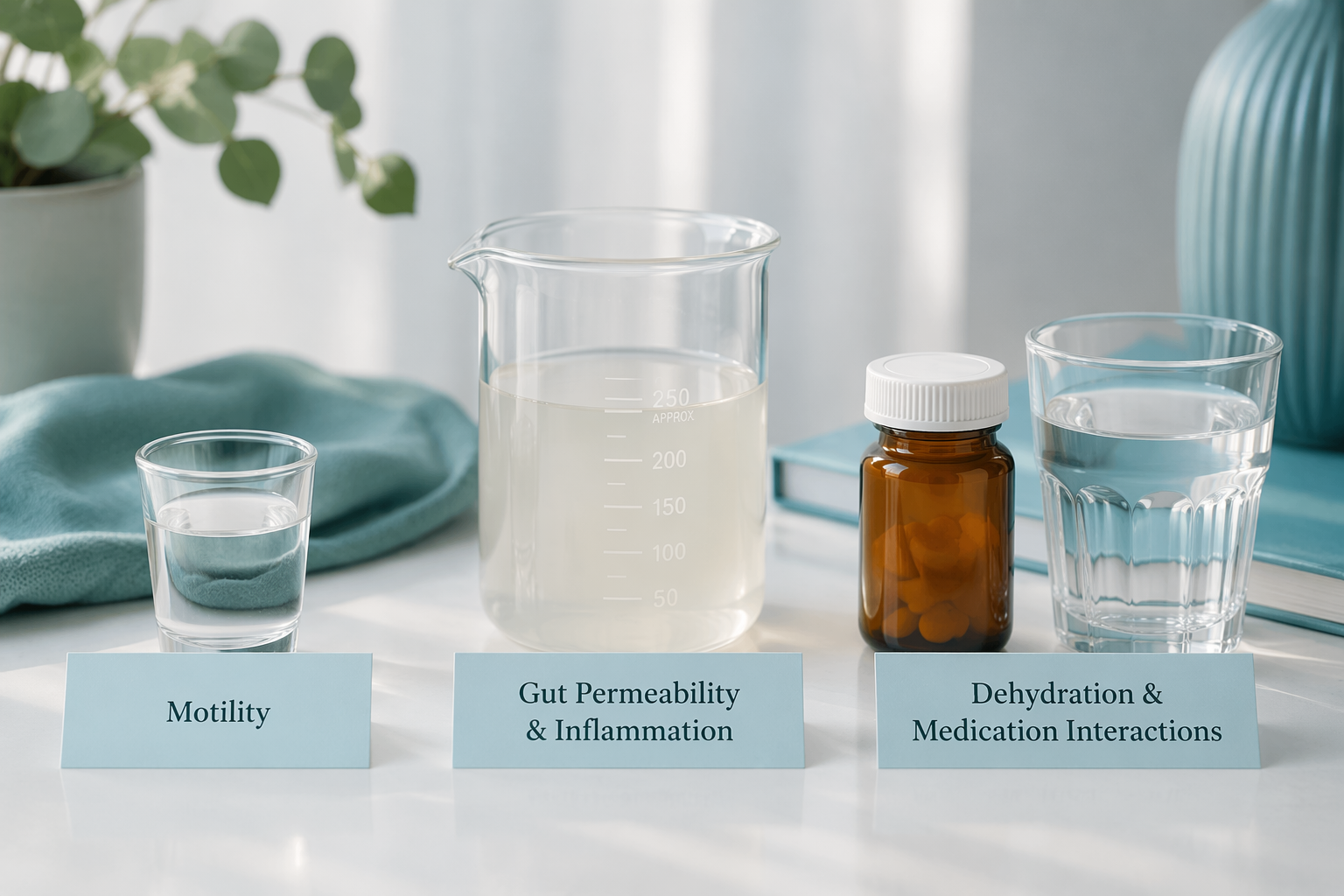 Still life showing alcohol, a beaker, and water to illustrate alcohol effects on IBS
