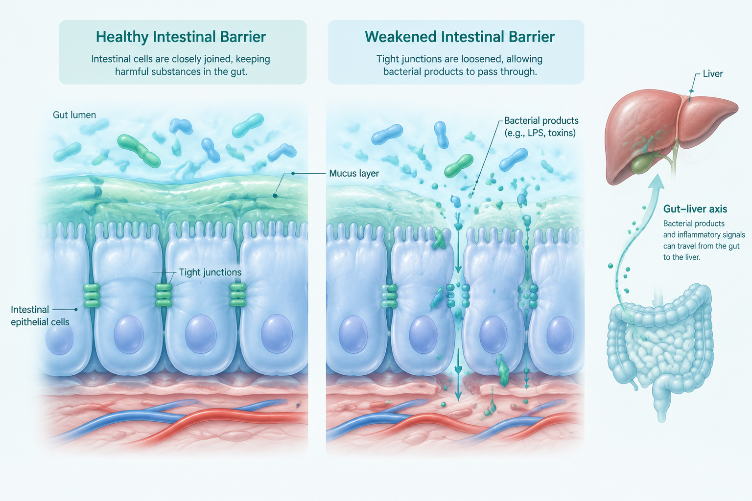 Medical illustration of alcohol weakening intestinal tight junctions and the gut barrier