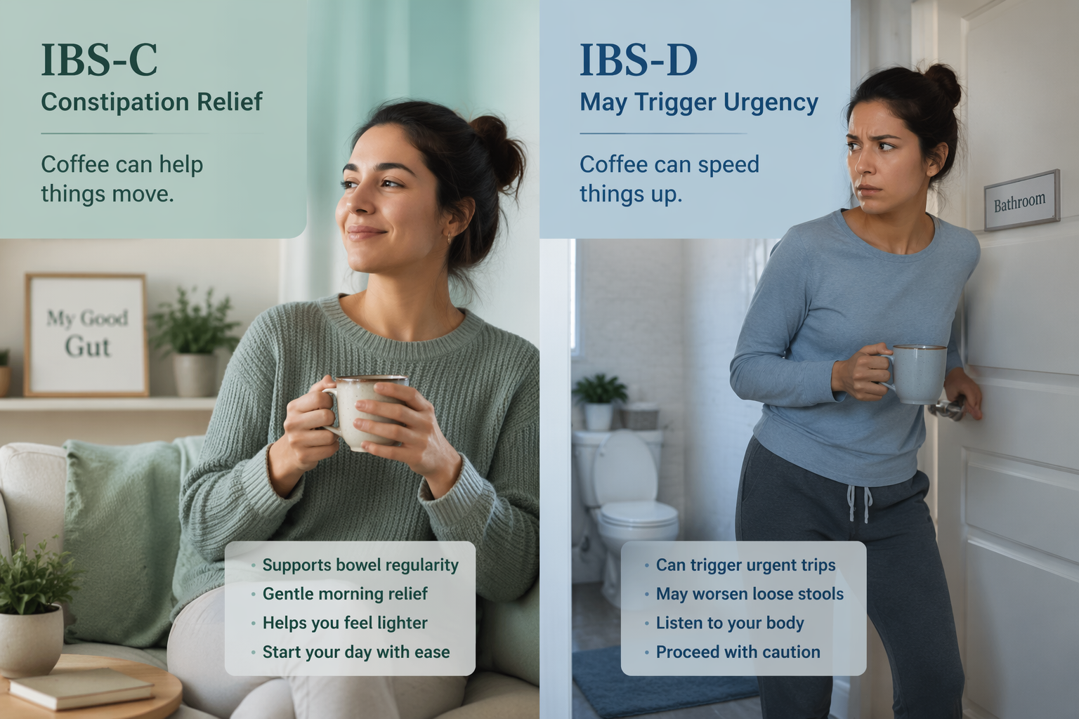 Split image showing different reactions to coffee for IBS-D (urgency) and IBS-C (relief)