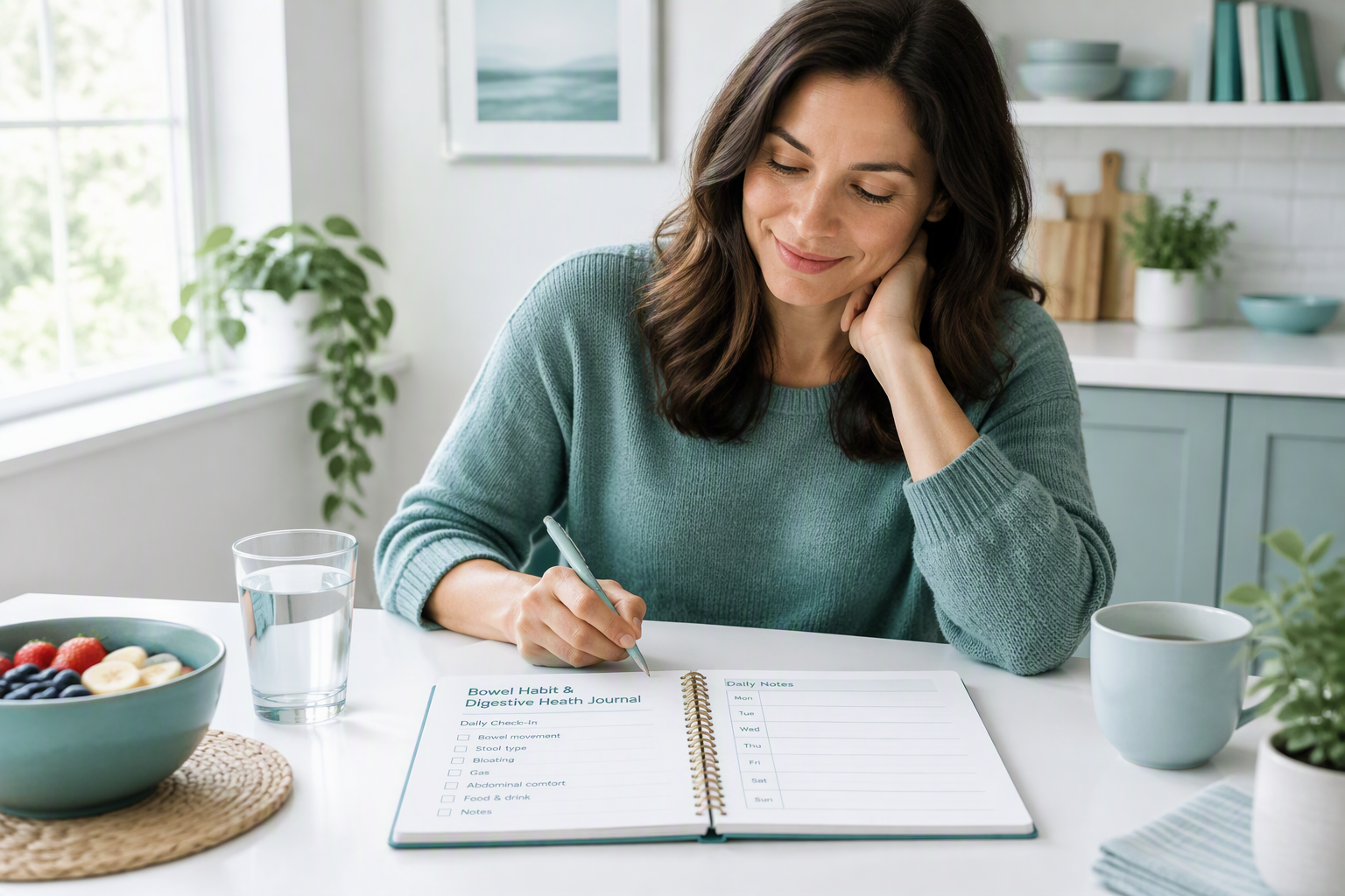 Digestive health journal showing constipation symptoms and comfortable bowel habits