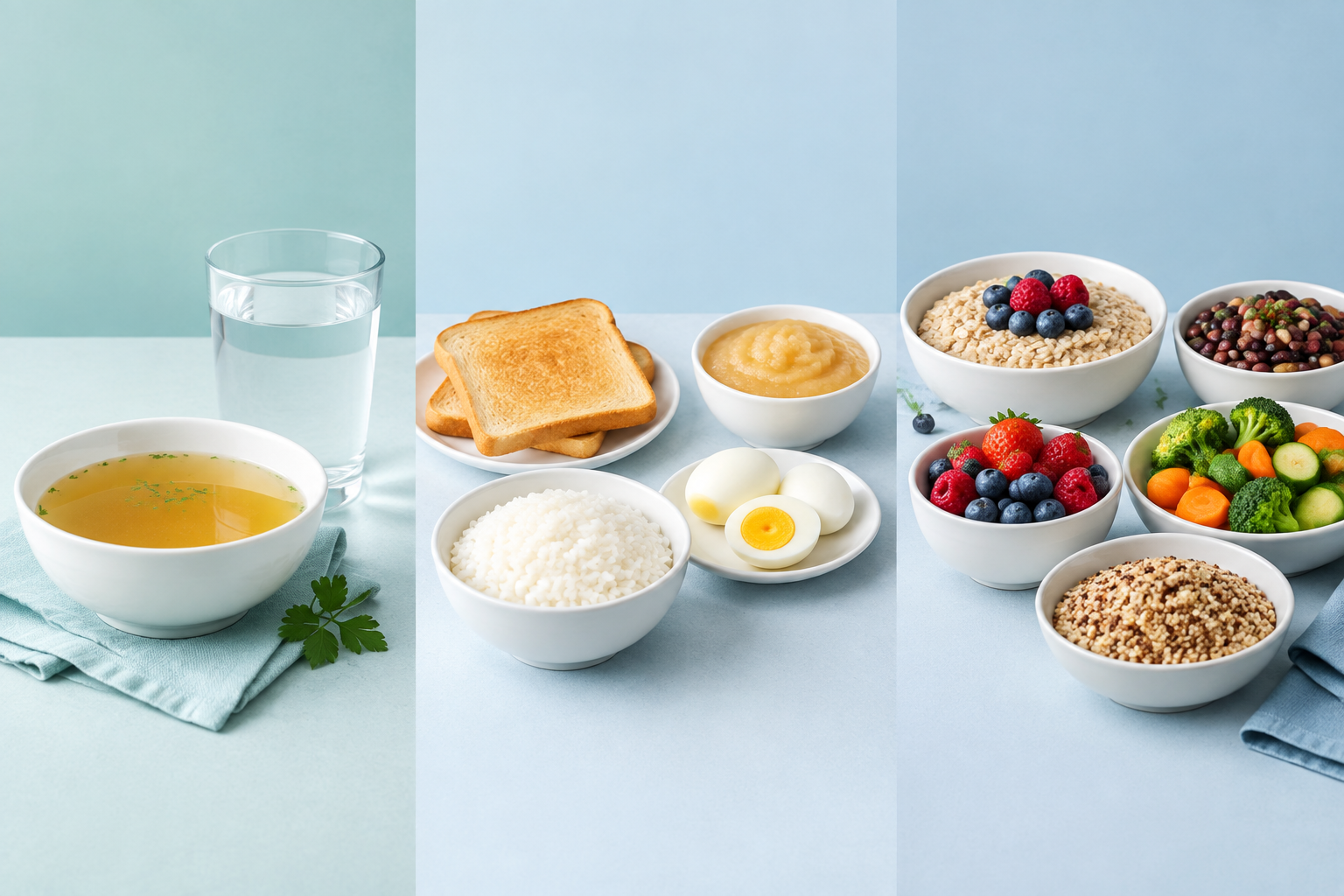 Three diverticulitis diet phases: clear liquids, low-fiber foods, and fiber-rich meals