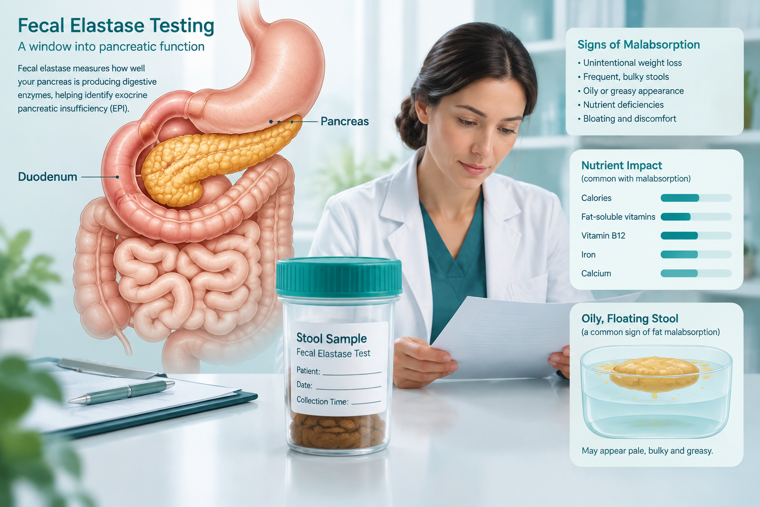 Fecal elastase stool test assessing pancreatic function and malabsorption