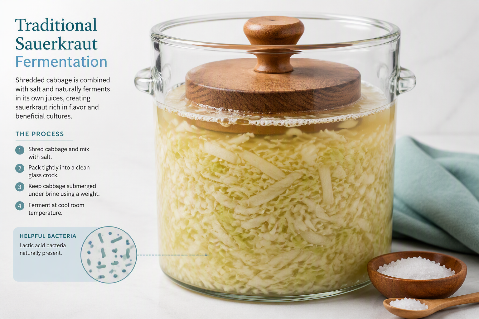 Sauerkraut fermentation under brine with bubbles and lactic acid bacteria