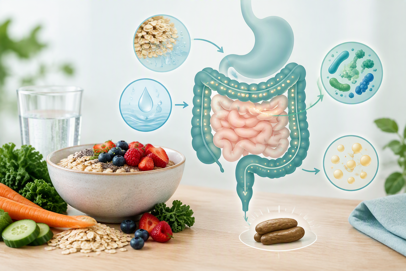 Fiber-rich foods and water supporting digestion and regular bowel movements