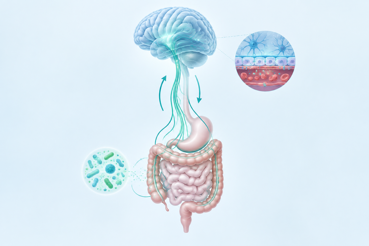 Gut-brain axis illustration showing the vagus nerve and serotonin signaling