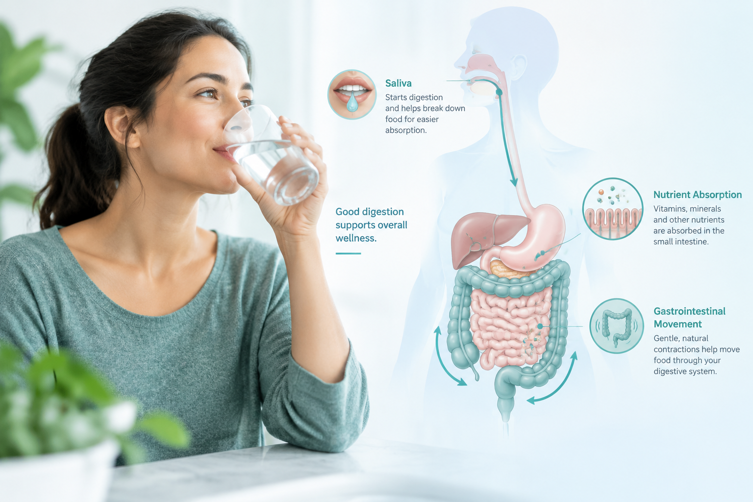 Water supporting digestion, nutrient absorption, and gastrointestinal movement