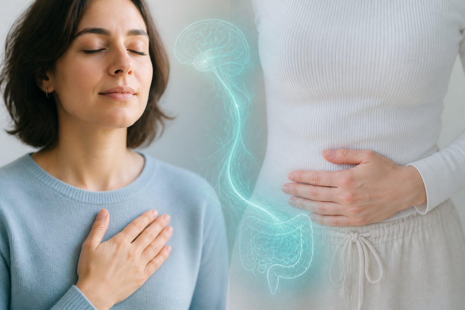 Two-panel image linking brain and gut showing overlap of IBS and brain-gut health