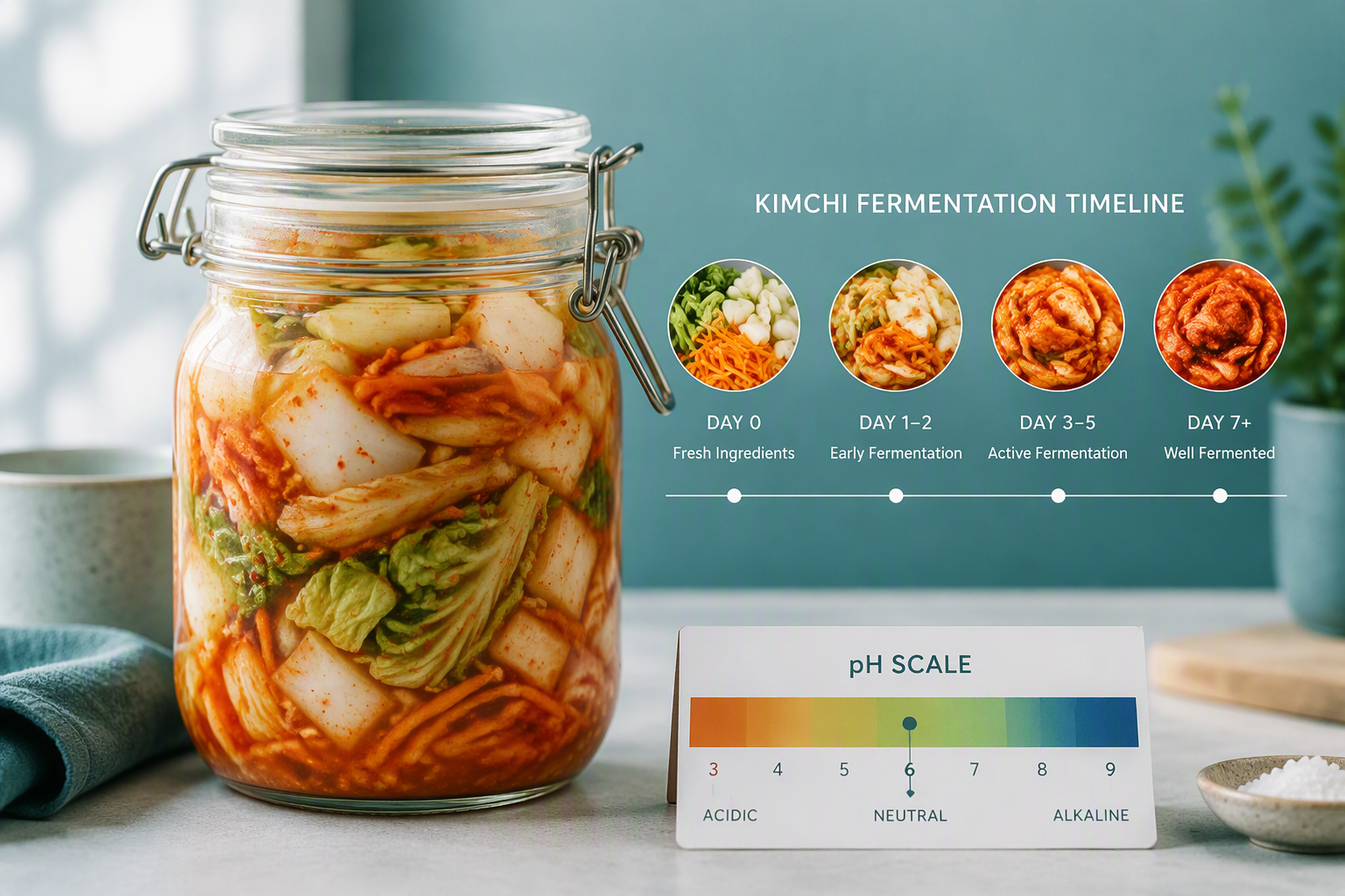 Kimchi fermentation in a jar with cabbage, radish, brine, and live cultures
