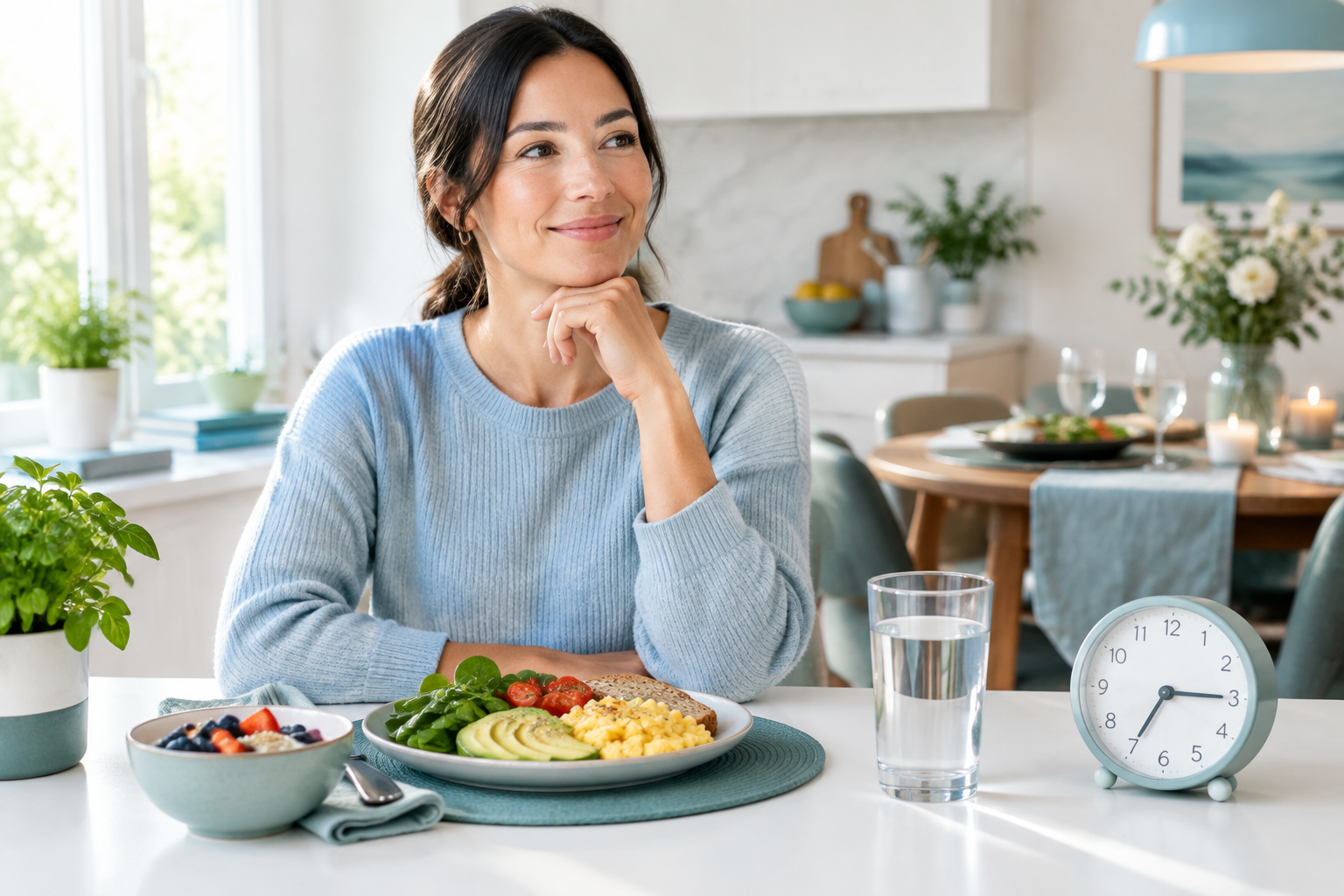 Meal timing and digestion with a balanced breakfast, water, and clock