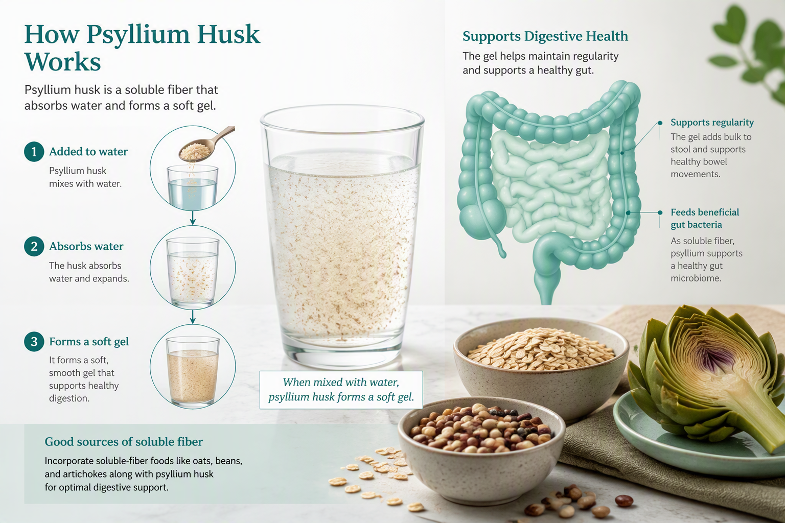 Psyllium husk absorbing water to support stool consistency in IBS
