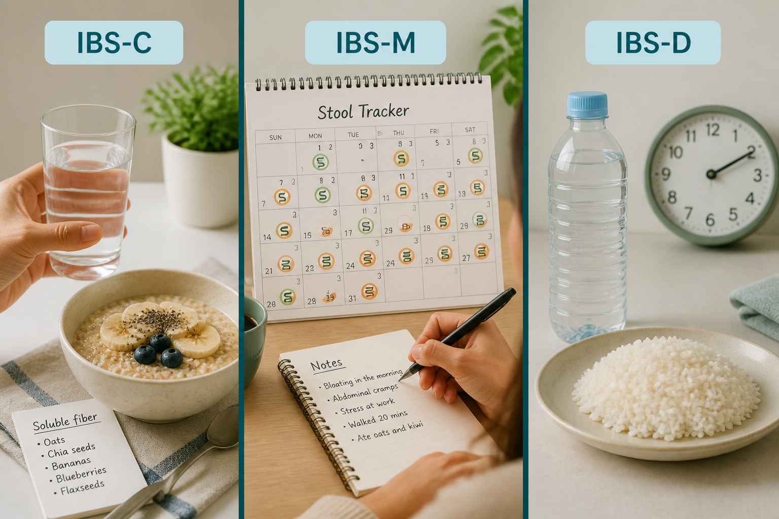 Three-panel image comparing IBS-C (constipation), IBS-M (mixed) and IBS-D (diarrhea) lifestyle cues