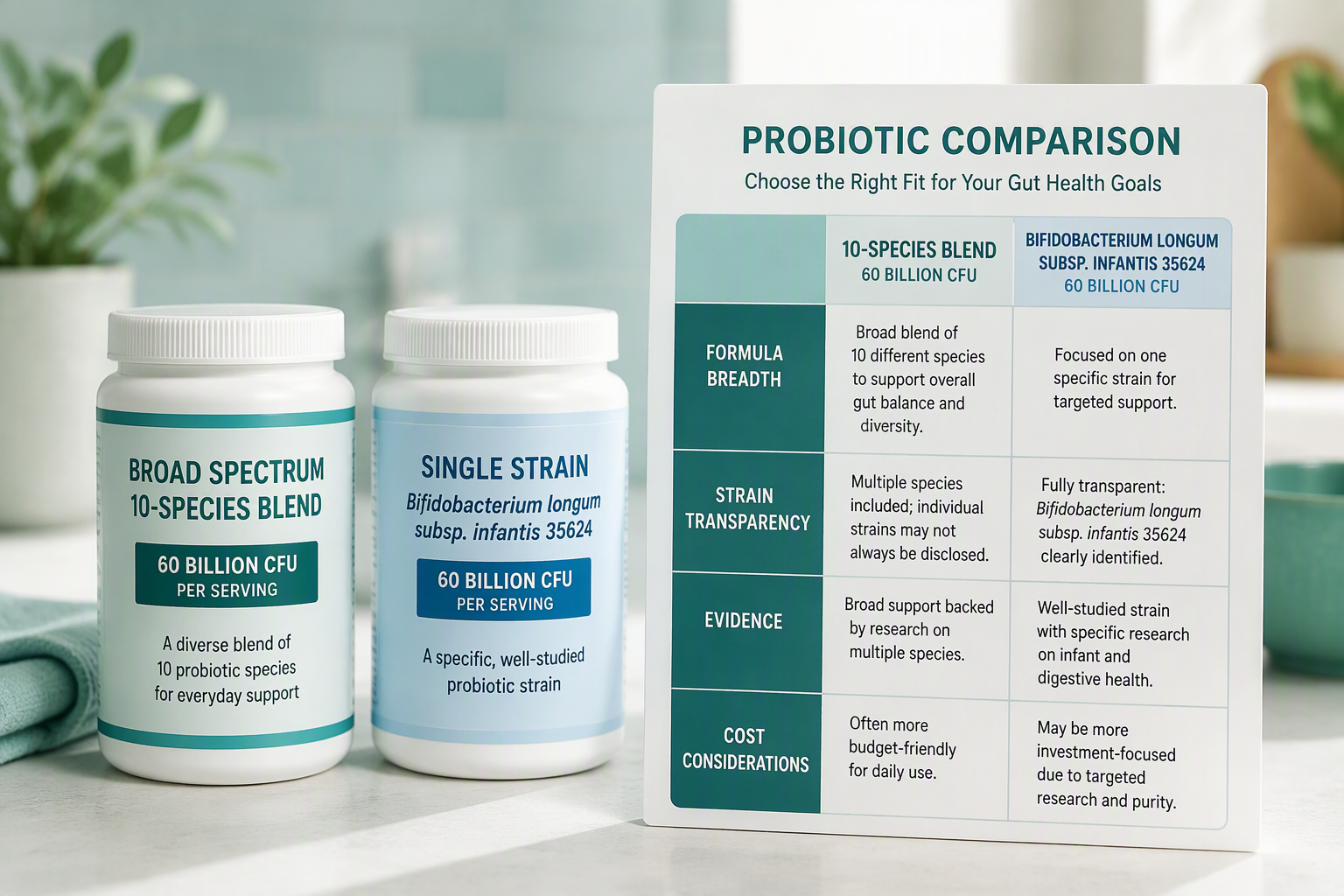 Physician’s Choice versus Align probiotic comparison by strains, CFUs, and clinical evidence