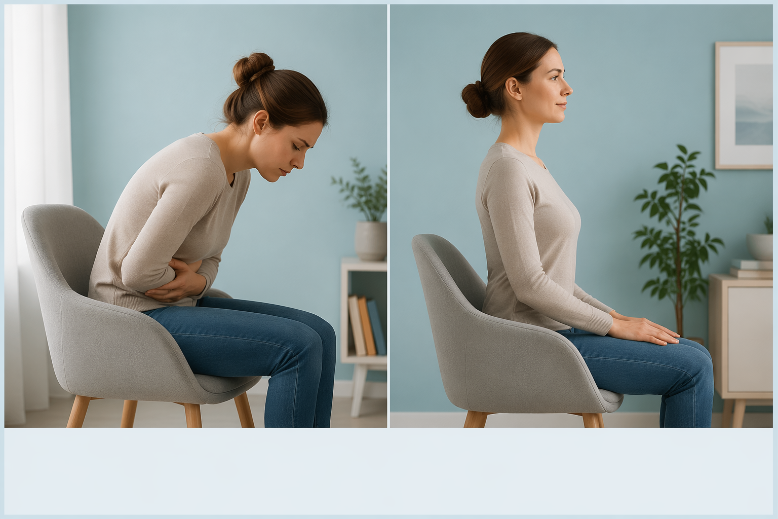 Comparison of slouched vs upright posture showing effect on bloating, gas and reflux