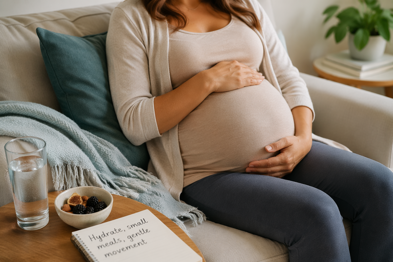 Pregnant woman seated with notes on hydration and small meals for IBS management