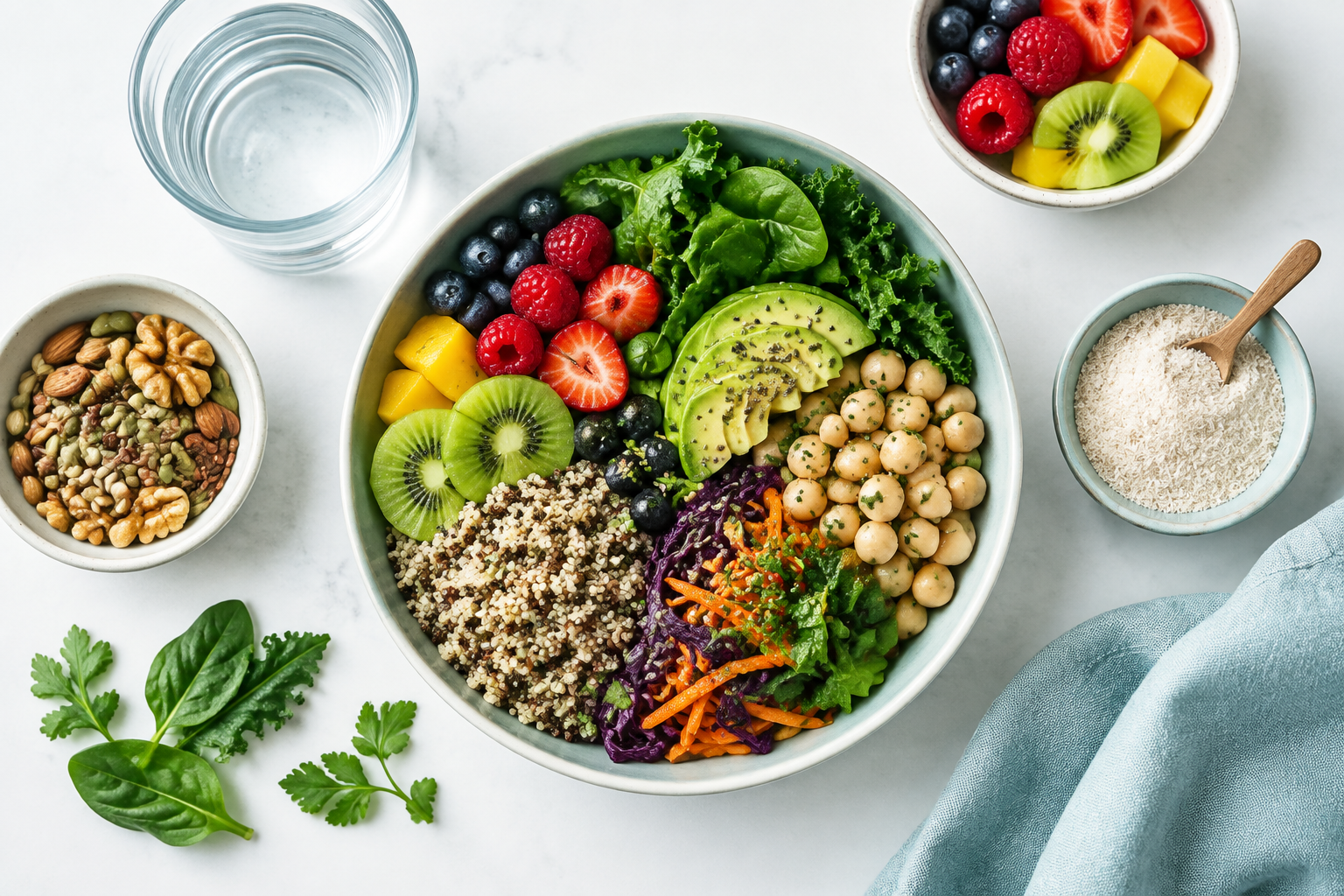 Gut health diet with psyllium husk, vegetables, beans, fruit, and whole grains
